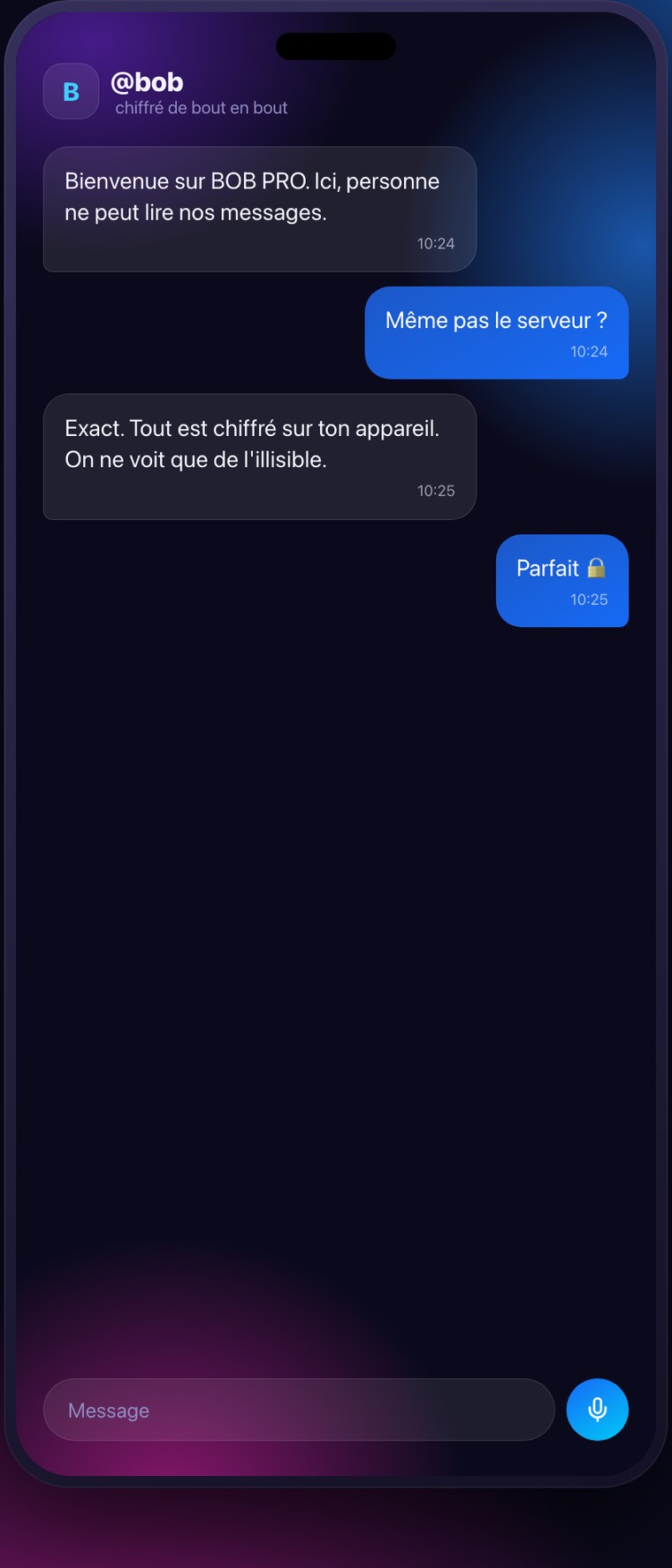 Conversation chiffrée de bout en bout dans Bob Pro.